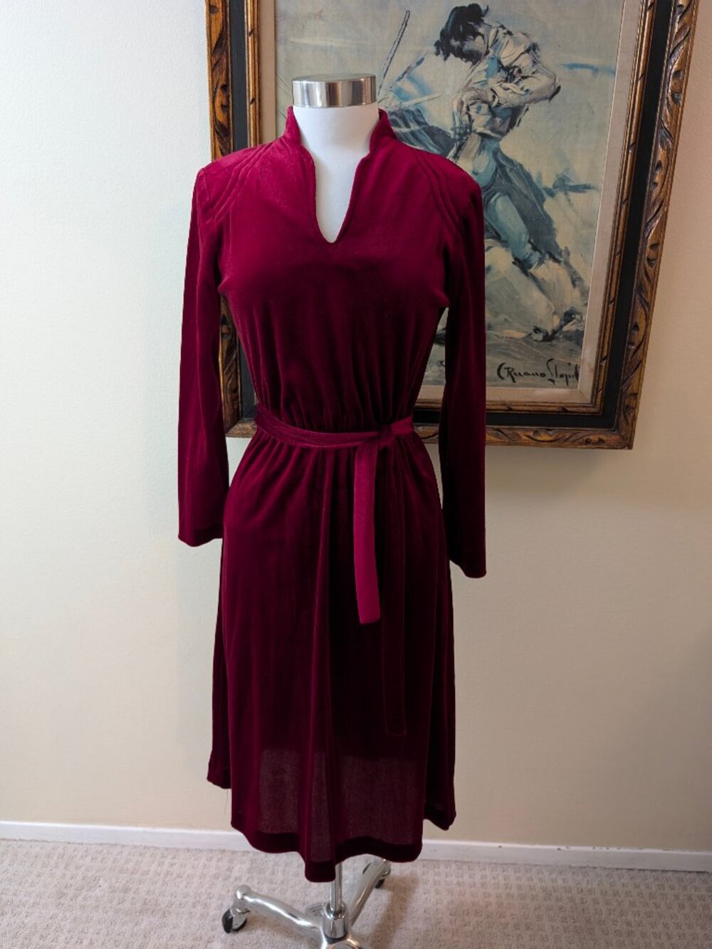 70s Style Burgundy Velveteen Dress